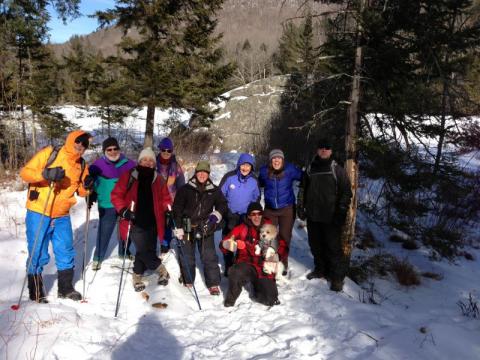 group of people walking in the woods in the winter