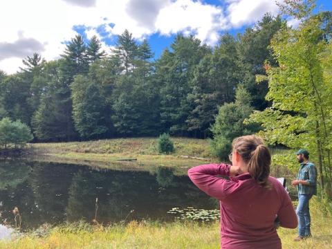 NHFG biologist standing looking at wetland/pond habitat